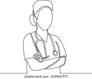 Continuous One Line Drawing Nurse With Stethoscope For Patient. International Nurses Day. Single Line Draw Design Vector Graphic Illustration.