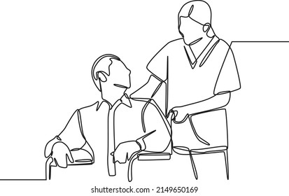 Continuous One Line Drawing Nurse Taking Care Of Mature Male Patient Sitting On Wheelchair In Hospital. International Nurses Day. Single Line Draw Design Vector Graphic Illustration.