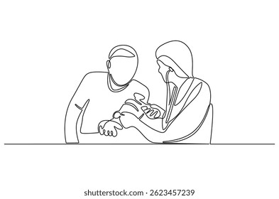 Dibujo continuo de una línea de la enfermera que mide la presión arterial. Ilustración de dibujo de una sola línea del médico que comprueba la presión arterial. Arte vectorial de concepto de atención médica. Ilustración de línea Doodle.