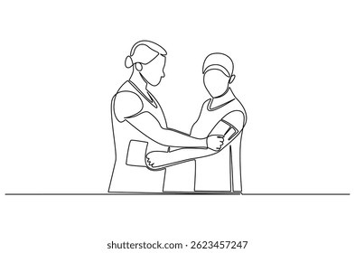 Kontinuierliche einzeilige Zeichnung der Krankenschwester Blutdruckmessung. Einzeilige Zeichnung des Doktors, der den Blutdruck kontrolliert. Gesundheitskonzept, Vektorgrafik. Doodle-Linien-Illustration.