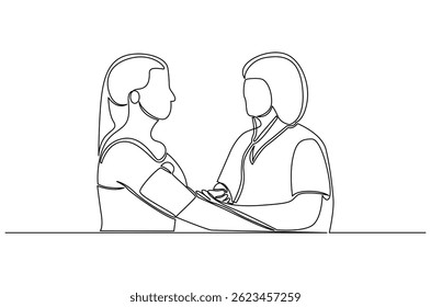 Kontinuierliche einzeilige Zeichnung der Krankenschwester Blutdruckmessung. Einzeilige Zeichnung des Doktors, der den Blutdruck kontrolliert. Gesundheitskonzept, Vektorgrafik. Doodle-Linien-Illustration.