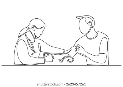 Continuous one line drawing of Nurse measuring blood pressure. Single line drawing illustration of Doctor checking blood pressure. Healthcare concept vector art. Doodle line illustration.