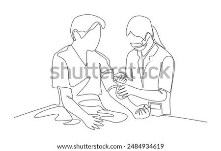 Continuous one line drawing of nurse measure blood pressure for patient, medical checkup concept, single line art.