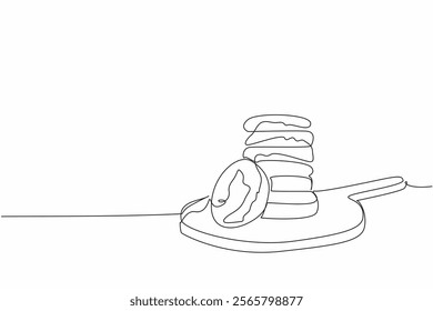 Continuous one line drawing oatmeal cookies stacked on round wooden cutting board. Healthy living start with healthy breakfast. National Oatmeal Cookie Day. Single line draw design vector illustration