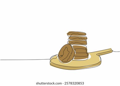 Continuous one line drawing oatmeal cookies stacked on round wooden cutting board. Healthy living start with healthy breakfast. National Oatmeal Cookie Day. Single line draw design vector illustration