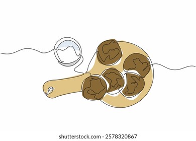 Continuous one line drawing oatmeal cookies on a round wooden cutting board with glass of milk. Ready to face the day. Calcium. National Oatmeal Cookie Day. Single line draw design vector illustration