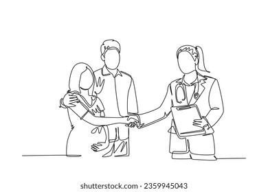 Continuous one line drawing obstetrician and gynecologist doctor handshake and congratulate a happy young couple about pregnancy. Medical check up. Single line draw design vector graphic illustration