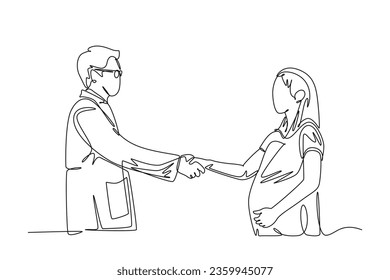 Continuous one line drawing obstetrician and gynecologist doctor handshake and congratulate a young happy pretty pregnant mom about her pregnancy. Single line draw design vector graphic illustration