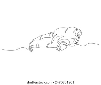 Dibujo continuo de una línea de morsa oceánica. Ilustración de dibujo de una línea de foca oceánica. Concepto animal de mamíferos marinos arte de línea continua. Esquema editable.