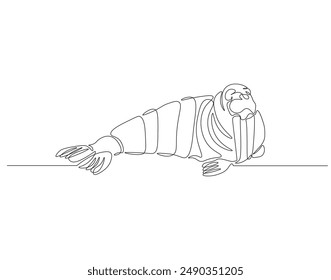 Continuous one line drawing of ocean walrus. One line drawing illustration of ocean seal. Marine mammal animal concept continuous line art. Editable outline.