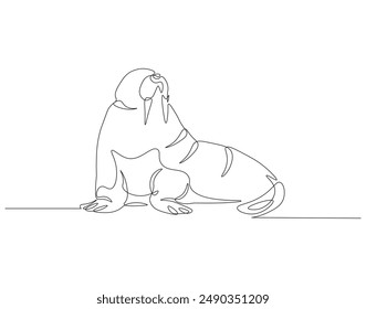 Continuous one line drawing of ocean walrus. One line drawing illustration of ocean seal. Marine mammal animal concept continuous line art. Editable outline.