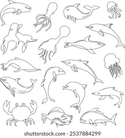 Uma linha contínua desenhando animais do Oceano 
