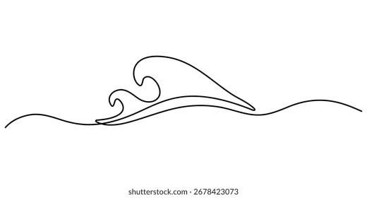 Continuous one line drawing of ocean wave minimal sea outline vector illustration. Waves continuous one line drawing. Hand drawn wave. Single continuous line drawing. Editable stroke