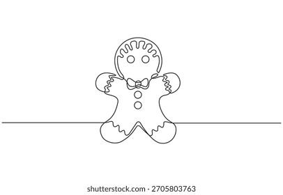 Continuous one line drawing of, Cute gingerbread man character isolated on transparent background.