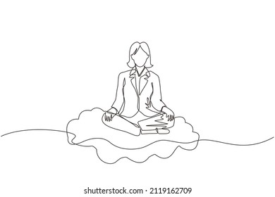 Continuous one line drawing office worker or businesswoman relaxes, meditates in lotus position on clouds. Cheerful woman relaxing with yoga or meditation pose. Single line draw design vector graphic