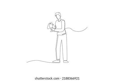 Continuous One Line Drawing Office Boy Cleaning Glass In Office Kitchen. Office Cleaning Services Concept. Single Line Draw Design Vector Graphic Illustration.