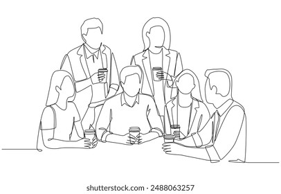 Continuous one line drawing of office workers holding coffee cups and chatting leisurely, coffee break in office concept, single line art.