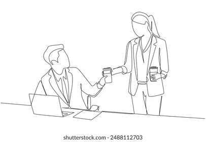 Continuous one line drawing of office workers holding coffee cups and chatting leisurely, coffee break in office concept, single line art.