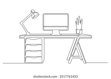 Continuous one line drawing office table with computer, lamp and flower in pot isolated on white background. Vintage desctop for interior design. Editable stroke. Vector illustration