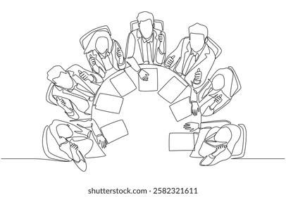 Continuous one line drawing of office workers around round table giving thumbs up, business teamwork concept, single line art