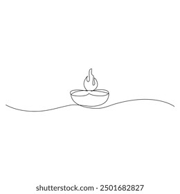 Continuous one line drawing oil lamp, candle burning flame. Black contour line simple minimalist graphic isolated vector illustration. Diwali festival celebration