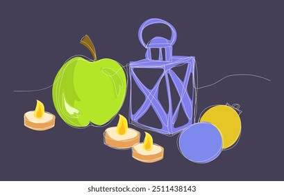 Kontinuierliche einzeilige Zeichnung Öllampe, Kerze, Apfel und Weihnachtsbaumkugel. Weiße Umrisslinie auf Farbhintergrund. minimalistische Grafik, einzelne Vektorgrafik. Weihnachtsdekoration