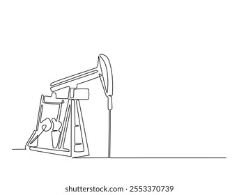 Continuous one line drawing of oil driling pumpjack. Oil pump oil rig energy industrial machine illustration. Editable vector. 