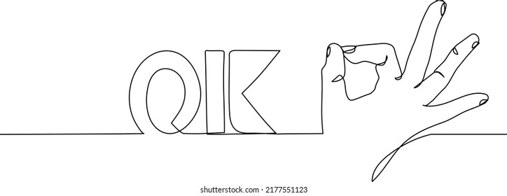 Continuous one line drawing of OK message and hand palm fingers gesture. Hand showing OK gesture concept.