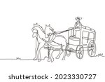 Continuous one line drawing old wild west horse-drawn carriage with coach. Vintage Western Stagecoach with horses. Wild west covered wagons in desert. Single line design vector graphic illustration