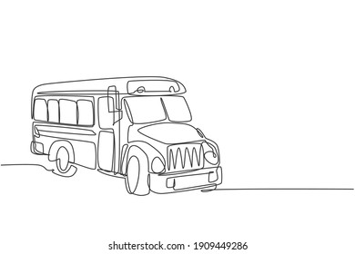 Continuous one line drawing old classic school bus transportation for American students. Back to school hand drawn minimalism concept. Single line draw design for education vector graphic illustration