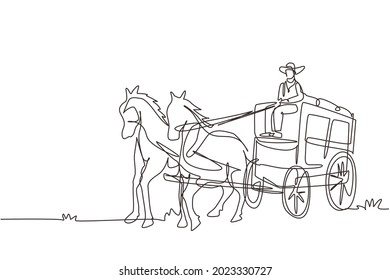 Continuous one line drawing old wild west horse-drawn carriage with coach. Vintage Western Stagecoach with horses. Wild west covered wagons in desert. Single line design vector graphic illustration