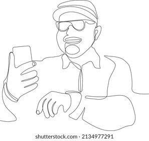 Continuous One Line Drawing Of Old Man Taking Selfie With Mobile Phone. Minimal Outline Concept. Vector Illustration