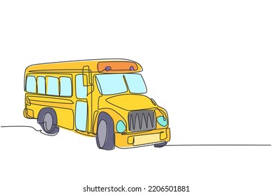 Continuous one line drawing old classic school bus transportation for American students. Back to school hand drawn minimalism concept. Single line draw design for education vector graphic illustration
