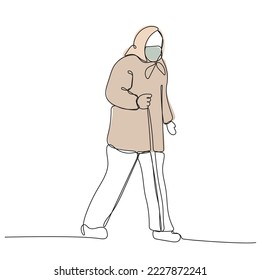 Continuous one line drawing of old retired woman with a stick in a medical mask. Minimalist linear design isolated on white background. Trendy vector illustration
