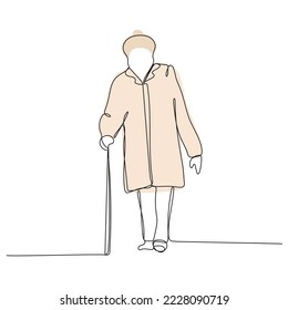 Continuous one line drawing of old retired woman. Minimalist linear design isolated on white background. Trendy vector illustration