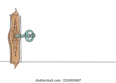 Continuous one line drawing old key in keyhole. Gothic style. Key to knowledge. Concept and Idea for history, education, business, security, white background. Single line draw design vector graphic