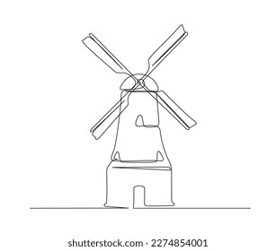 Continuous one line drawing of old vintage wind mill. simple vintage turbine tower outline vector illustration.