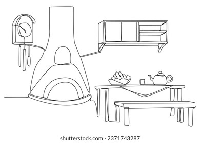 Una línea continua dibujando una vieja mesa de comedor de estilo ruso. Un pozo para calentar el cuerpo de la fría nieve afuera. Decoración de estilo clásico. Ilustración vectorial de diseño de líneas simples