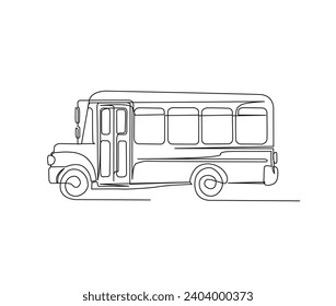 Dibujo continuo de una línea del autobús de la vieja escuela. Ilustración vectorial del contorno del bus escolar de época.