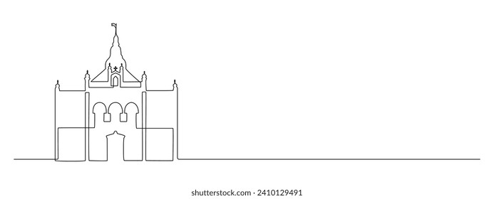 Continuous one line drawing of old residence and castle. Serbian landmarks Vladicanski dvor in Novi Sad city in simple linear style. Editable stroke. Doodle outline vector illustration
