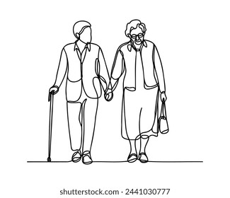 Continuous one line drawing old man and old woman walking