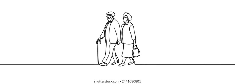 Continuous one line drawing old man and old woman walking