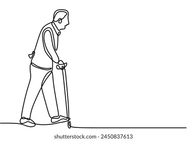 Continuous one line drawing of old man walking with a cane