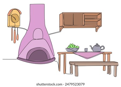 Continuous one line drawing an old Russian style dining table. A fire pit to warm the body from the cold snow outside. Classic style dining decoration. Single line draw design vector illustration