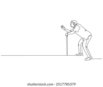 Desenho contínuo de uma linha de velho caminhando com andador de vara. Ilustração de desenho de uma linha de avô usando andador de cana. Dia Internacional da Segurança do Paciente conceitua a arte da linha.