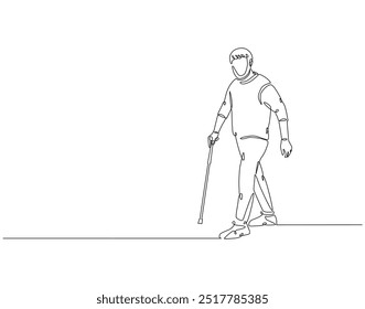 Kontinuierliche einzeilige Zeichnung des alten Mannes, der mit Stock-Wanderer geht. Eine Linie Zeichnung Illustration von Großvater mit Rohr Walker. Internationale Tageskonzeption für Patientensicherheit, Leitlinie Art. Bearbeitbare Skizze.