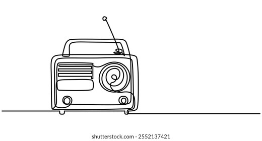 Dibujo continuo de una línea de la radio de la vieja escuela. Ilustración vectorial gráfica de diseño de dibujo de línea continua moderna, un dibujo de línea continua de un viejo reproductor de radio clásico retro. Audio analógico de Antiguas.