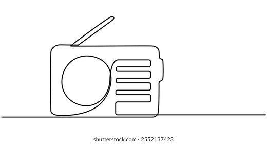 Dibujo continuo de una línea de la radio de la vieja escuela. Ilustración vectorial gráfica de diseño de dibujo de línea continua moderna, un dibujo de línea continua de un viejo reproductor de radio clásico retro. Audio analógico de Antiguas.