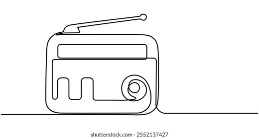 Dibujo continuo de una línea de la radio de la vieja escuela. Ilustración vectorial gráfica de diseño de dibujo de línea continua moderna, un dibujo de línea continua de un viejo reproductor de radio clásico retro. Audio analógico de Antiguas.