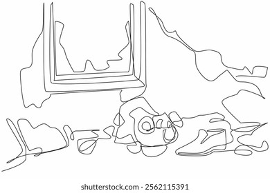 Continuous one line drawing old broken gas mask near broken window. The worst nuclear reactor accident in history. International Chernobyl Remembrance Day. Single line draw design vector illustration